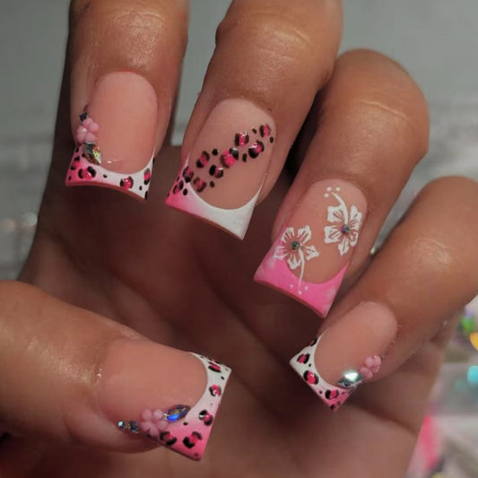 Fierce Bloom Nails in Long Duck Pink with Elegant Floral and Animal Print Accents
