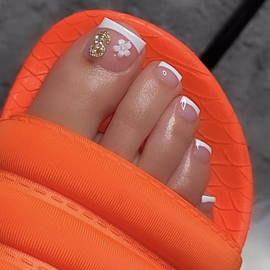 Tropical Delight Short Square White and Pink Press On Nail Set with Floral and Gold Accents