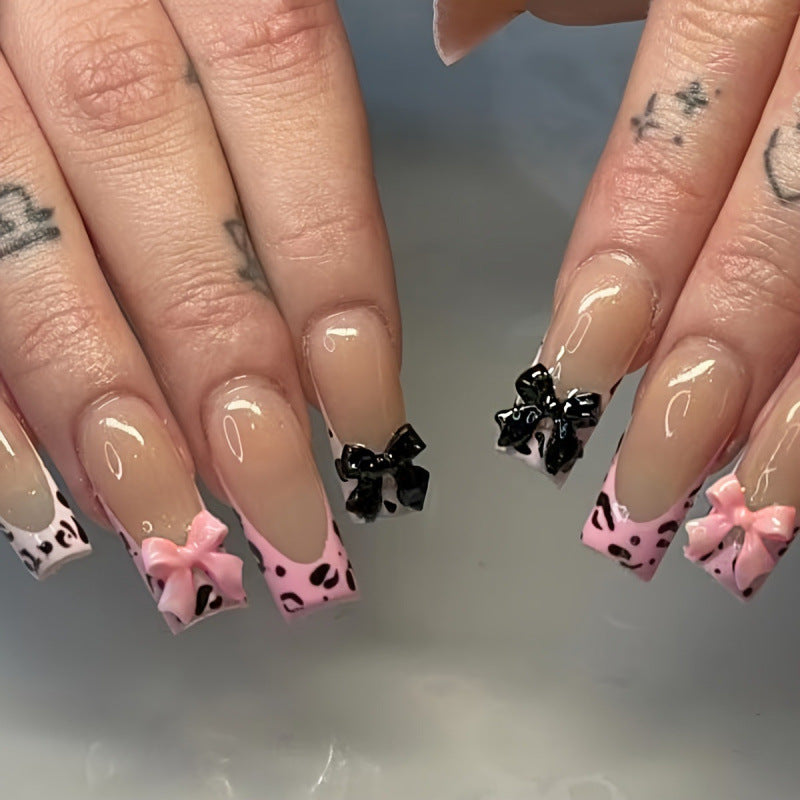 Chic Animal Print Long Square Pink and Black Bow Press On Nail Set