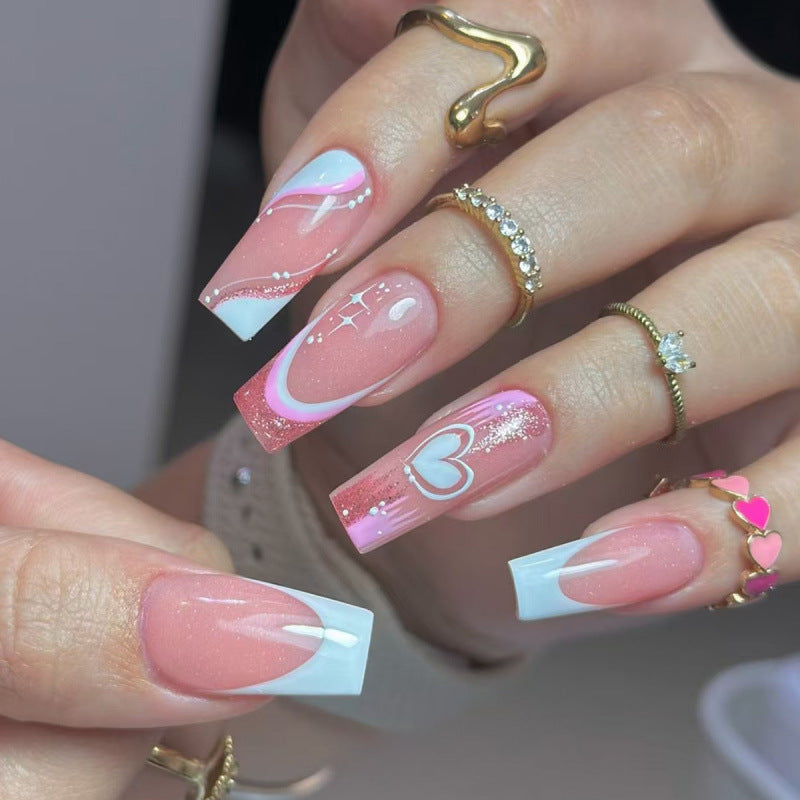 Sweet Pastel Dream Long Square Pink with Heart and Glitter Design Press on Nail Set