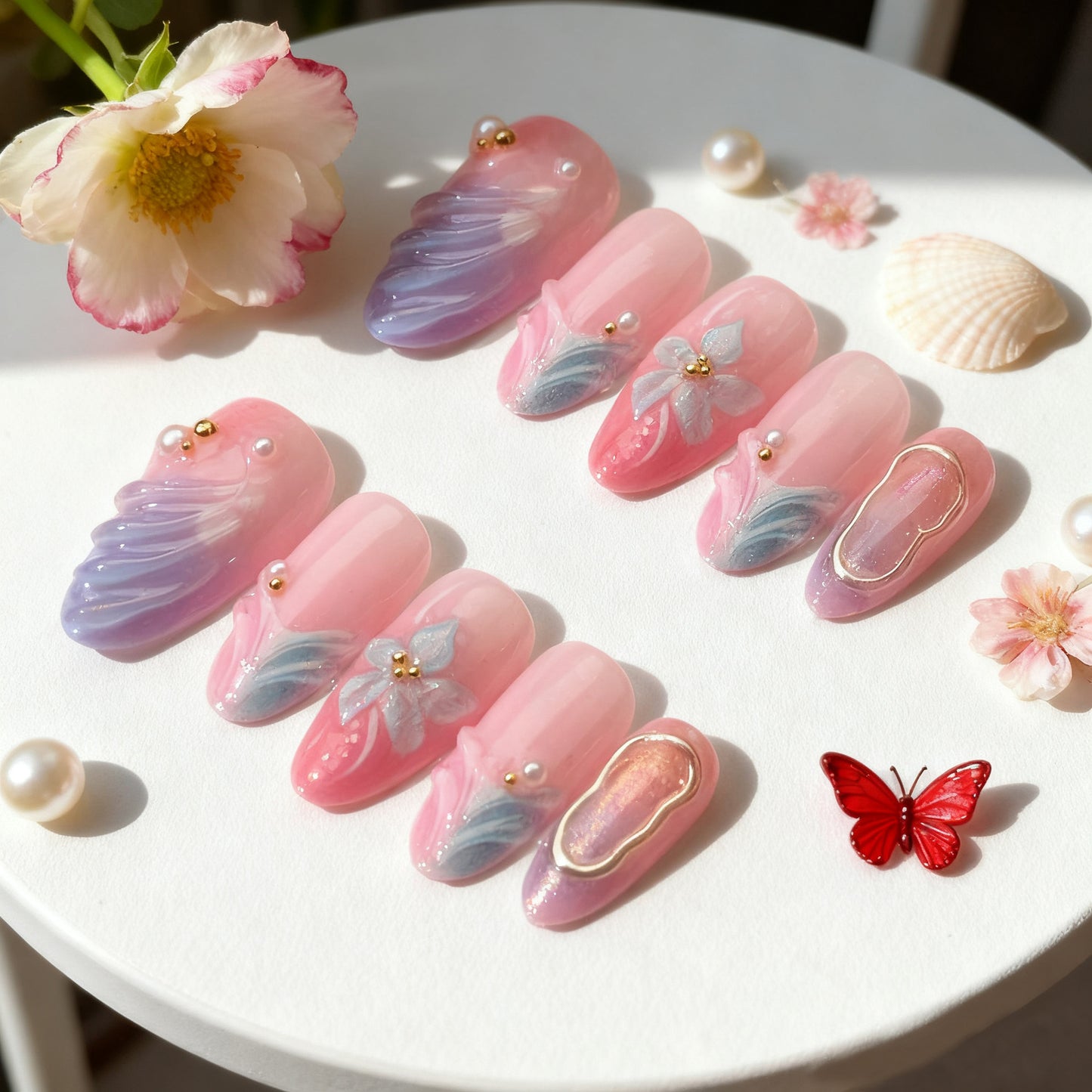 Elegant Floral Dream Medium Almond Pink Ombre with Unique Pearl and Gold Accents Press on Nail Set