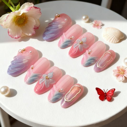 Elegant Floral Dream Medium Almond Pink Ombre with Unique Pearl and Gold Accents Press on Nail Set