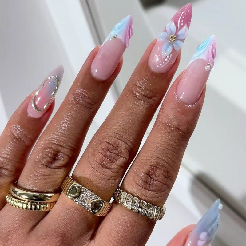 Glamorous Floral Fantasy Long Almond Pink Ombre with Decorative Flower Accent Press on Nail Set