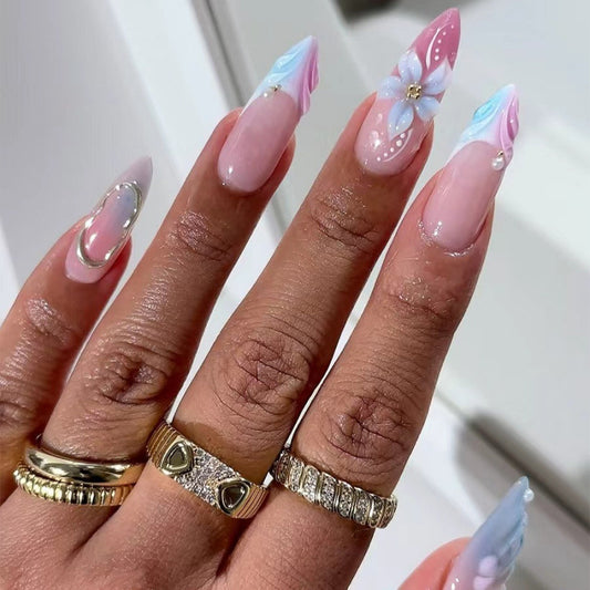 Glamorous Floral Fantasy Long Almond Pink Ombre with Decorative Flower Accent Press on Nail Set