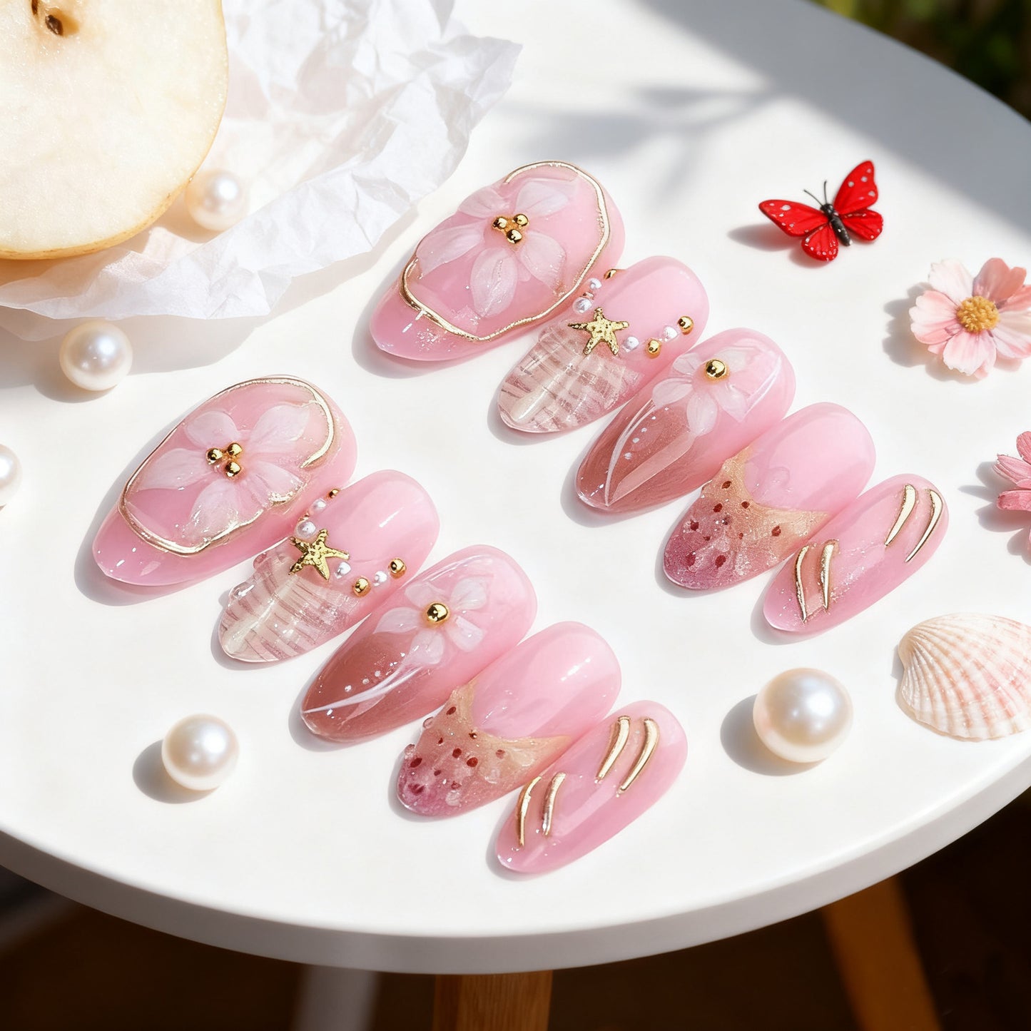 Charming Blossom Medium Almond Pink with Elegant Gold Accents Press On Nail Set