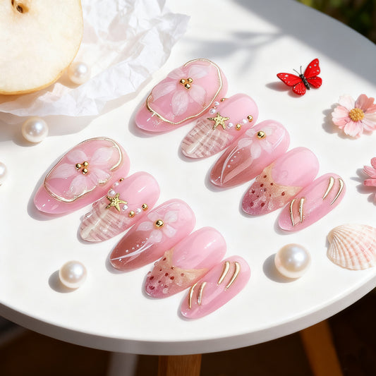Charming Blossom Medium Almond Pink with Elegant Gold Accents Press On Nail Set