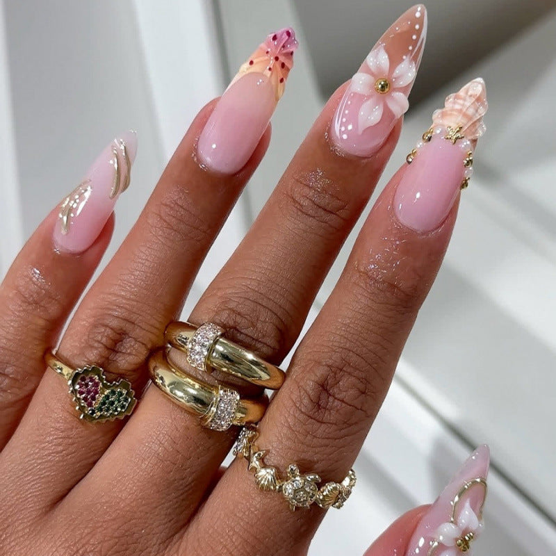 Coastal Dream Long Almond Pink Press On Nail Set with Unique Floral and Shell Designs