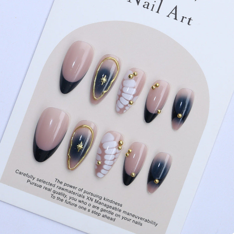 Celestial Elegance Medium Almond Beige and Black Press On Nail Set with Chic Metallic Accents