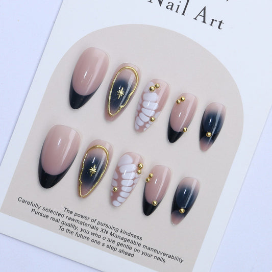 Celestial Elegance Medium Almond Beige and Black Press On Nail Set with Chic Metallic Accents