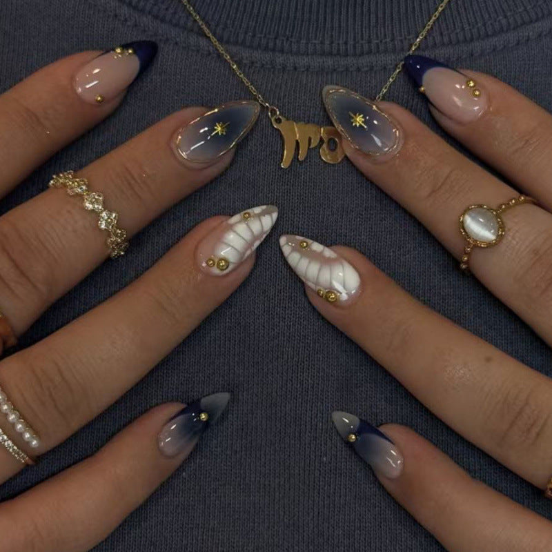 Oceanic Dream Medium Stiletto Blue Ombre with Shell Design Nail Set
