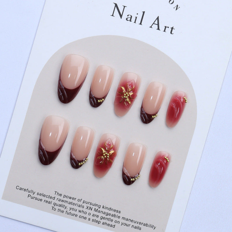 Elegant Romance Long Oval Burgundy Ombre with Floral Accents Press-On Nail Set