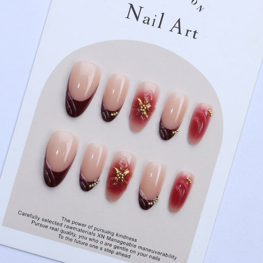 Elegant Romance Long Oval Burgundy Ombre with Floral Accents Press-On Nail Set
