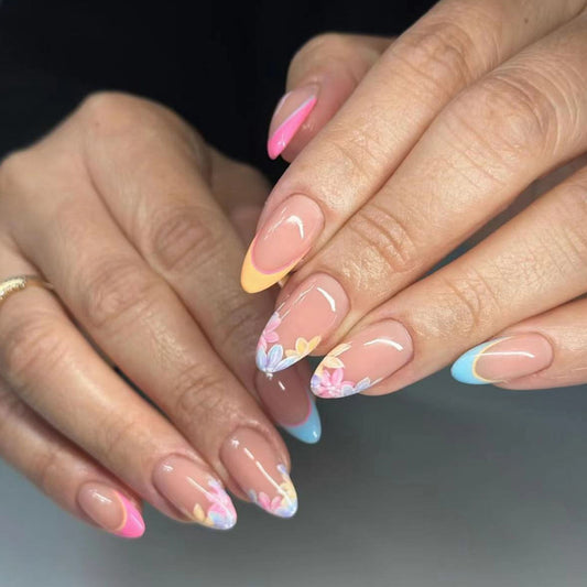 Spring Blossom Almond-Shaped Medium Length Multicolor Press On Nails with Floral Accents