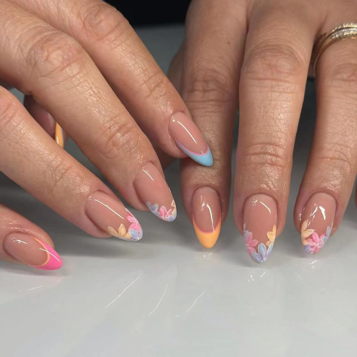 Spring Blossom Long Almond Pastel Ombre Press On Nail Set with Floral Accents