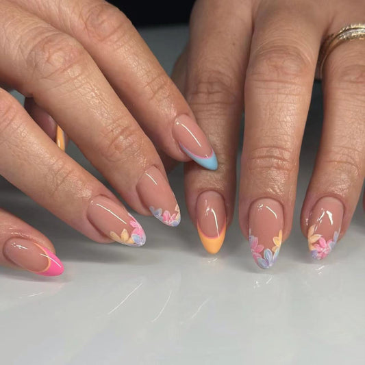 Spring Blossom Long Almond Pastel Ombre Press On Nail Set with Floral Accents