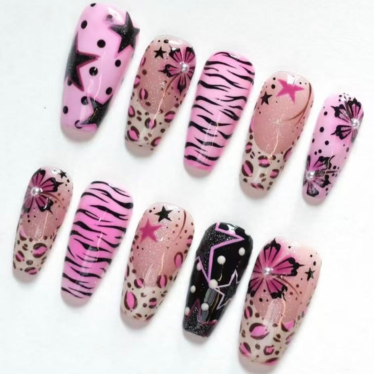 Fierce and Fabulous Long Coffin Pink Design with Glitter and Chic Patterns Press-On Nail Set