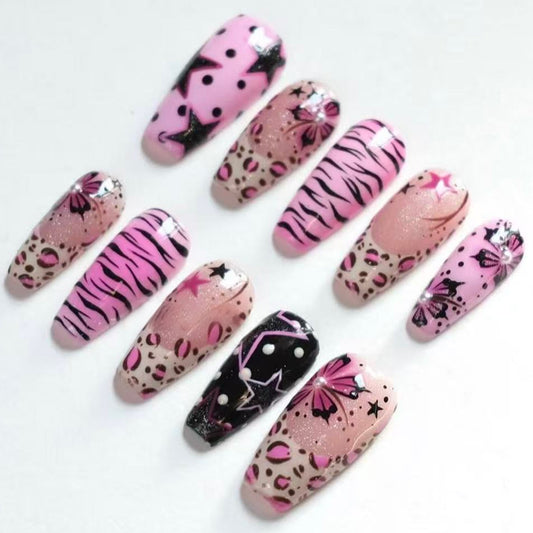 Whimsical Pink Long Coffin Nail Set with Animal Print and Star Accents