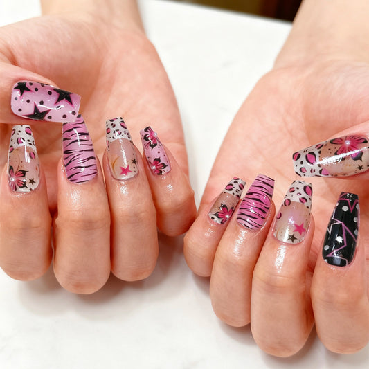 Fierce and Fabulous Long Coffin Press on Nail Set in Pink with Animal Print and Glittering Stars