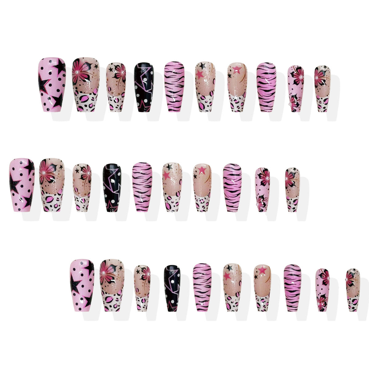Glamour Jungle Long Coffin Pink Patterned Nail Set with Floral and Animal Print Designs