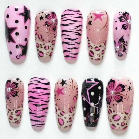 Glamorous Long Coffin Shape Glossy Pink Press On Nail Set Featuring Unique Animal Print and Star Accents