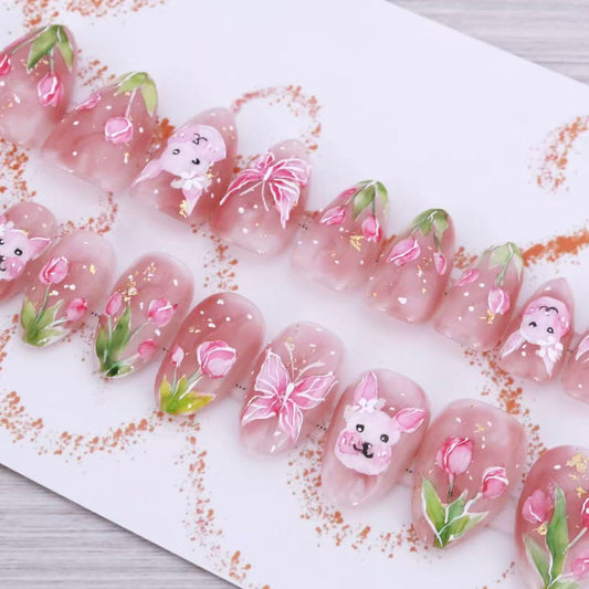Whimsical Spring Blossom Short Almond Pink Floral Design with Cute Animal Accents Press-on Nail Set