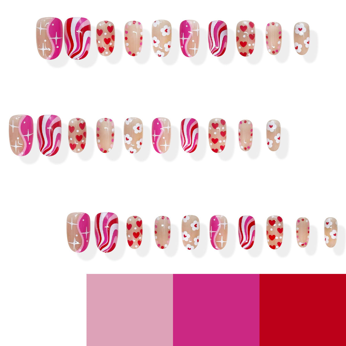 Romantic Blossom Press On Nail Set in Short Oval Pink and Red with Heart and Floral Patterns
