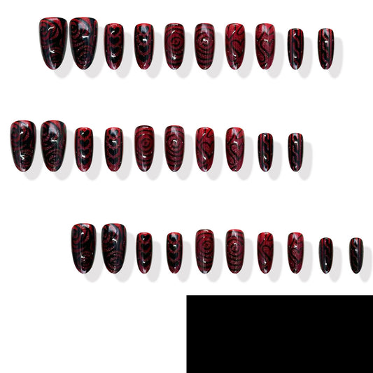 Gothic Romance Short Almond Deep Burgundy with Intricate Swirl Designs Press On Nail Set
