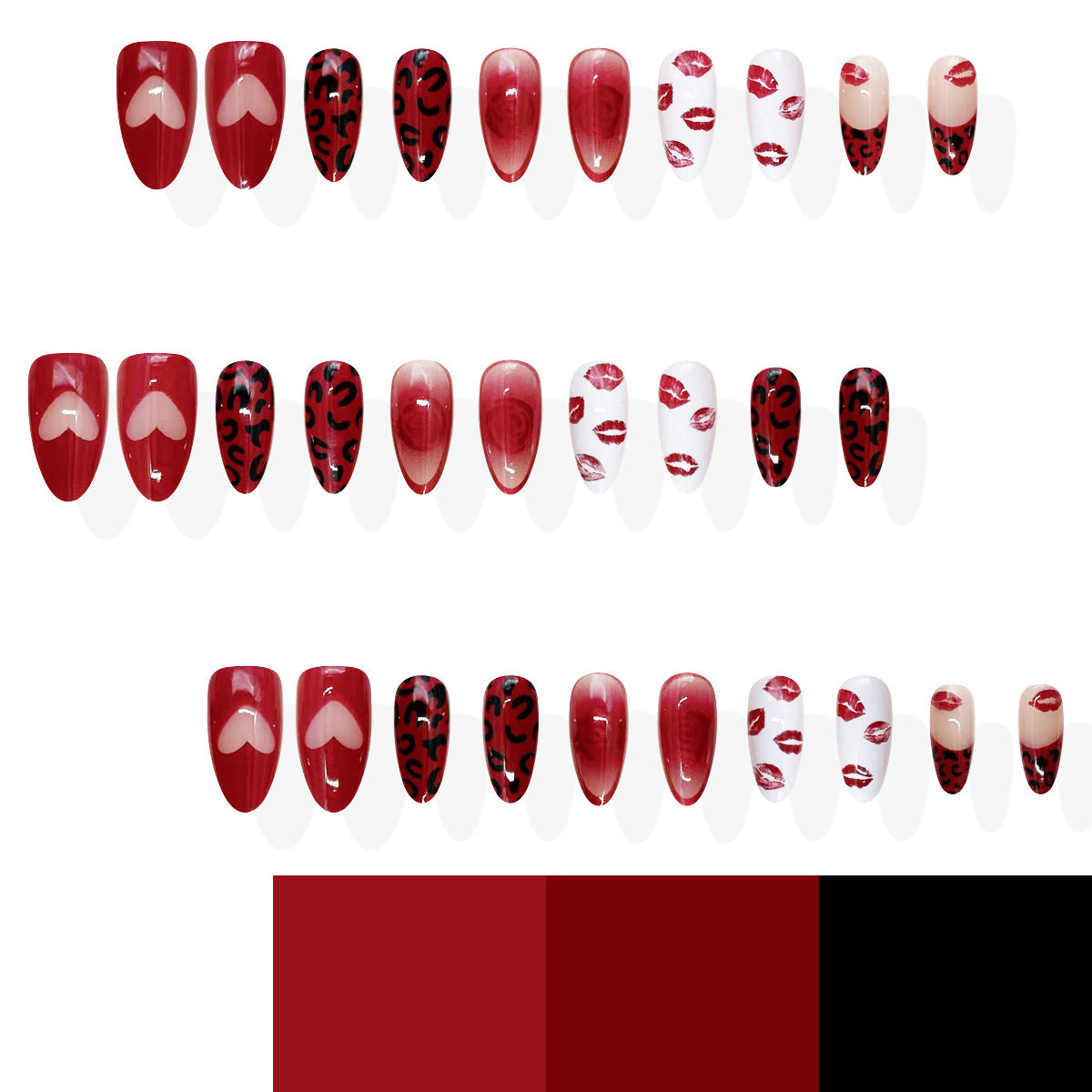Romantic Leopard Print Medium Almond Red and White Press On Nail Set with Heart and Kiss Designs