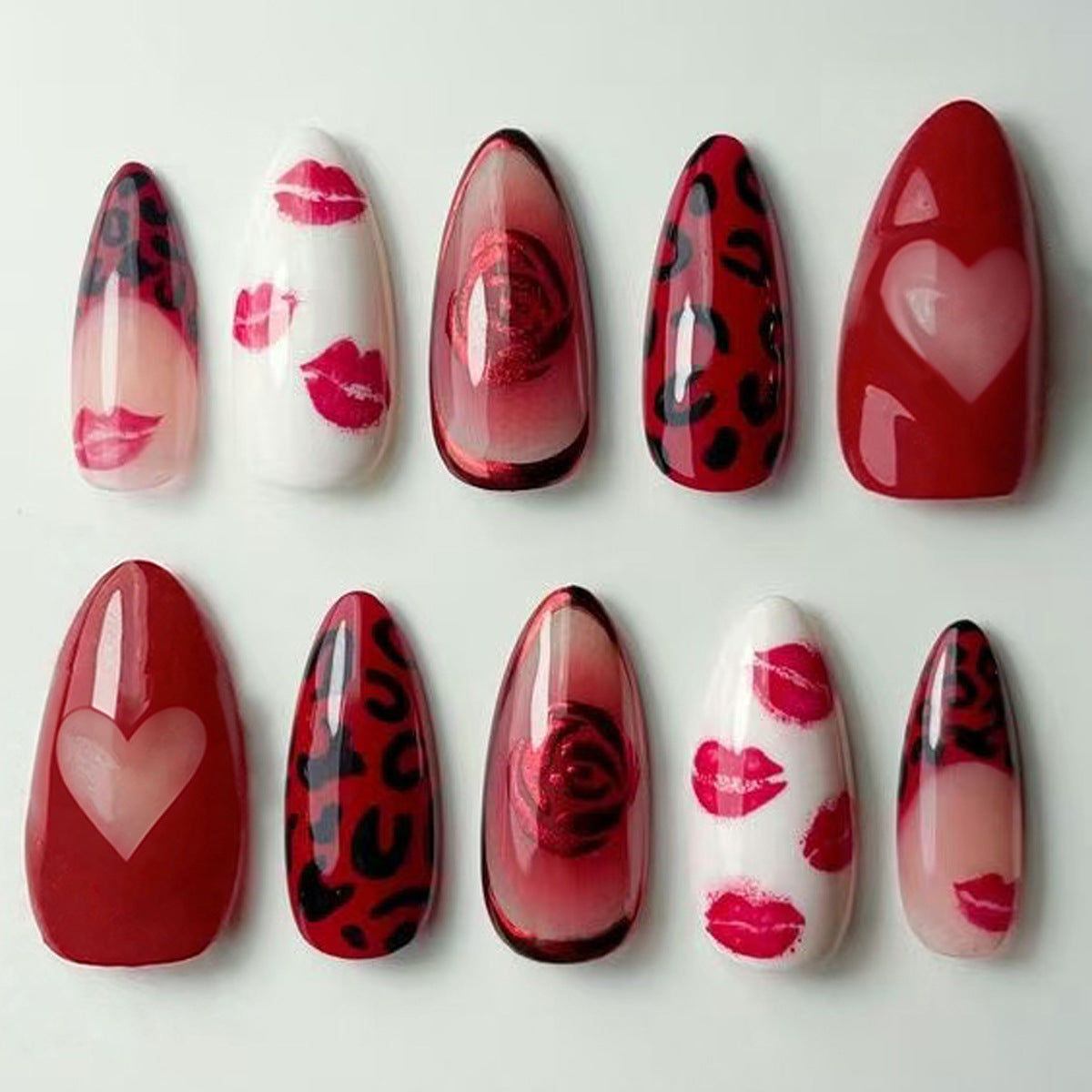 Romantic Glamour Medium Almond Red Press-On Nail Set with Kiss and Leopard Print Design