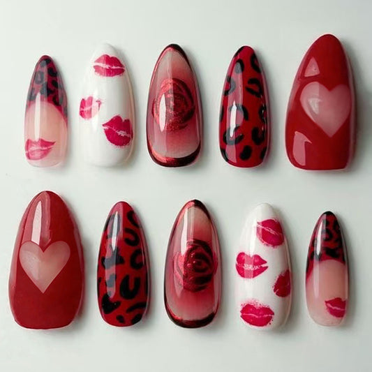 Romantic Glamour Medium Almond Red Press-On Nail Set with Kiss and Leopard Print Design
