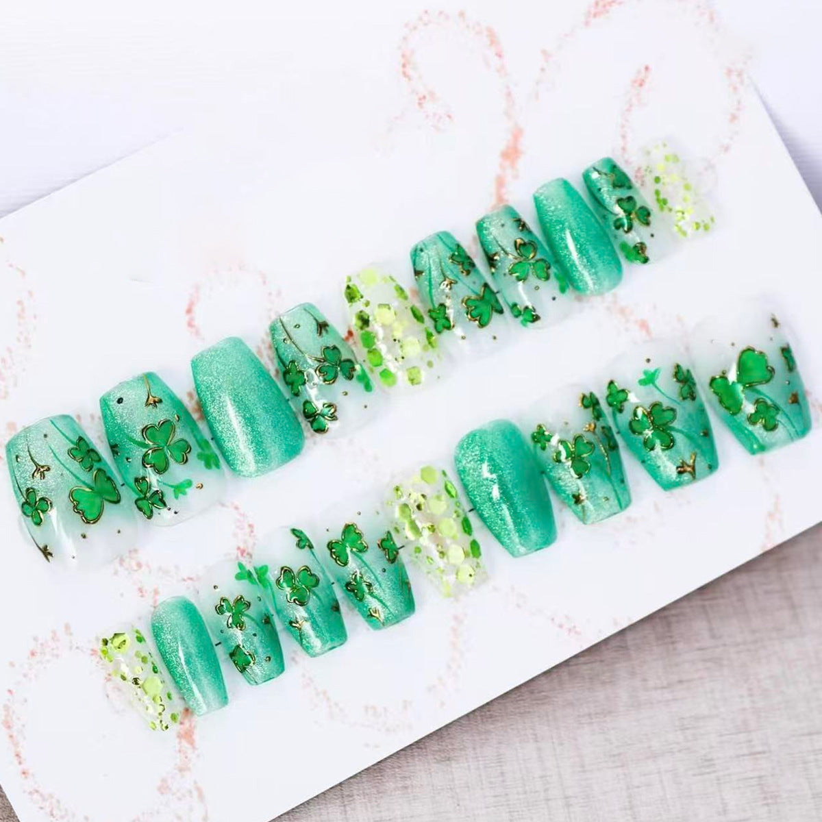 Lucky Charm Glamour Press-On Nail Set in Long Coffin Shimmery Green with Delicate Floral Accents