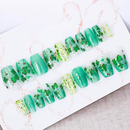 Lucky Charm Glamour Press-On Nail Set in Long Coffin Shimmery Green with Delicate Floral Accents