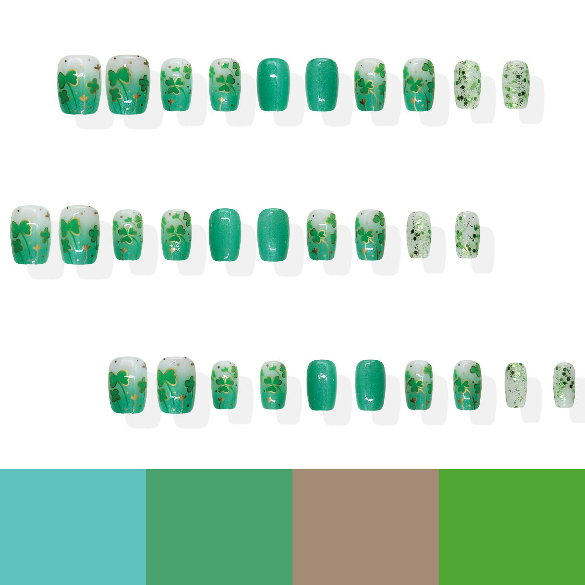 Emerald Enchantment Medium Square Green with Glitter and Botanical Design Press On Nail Set
