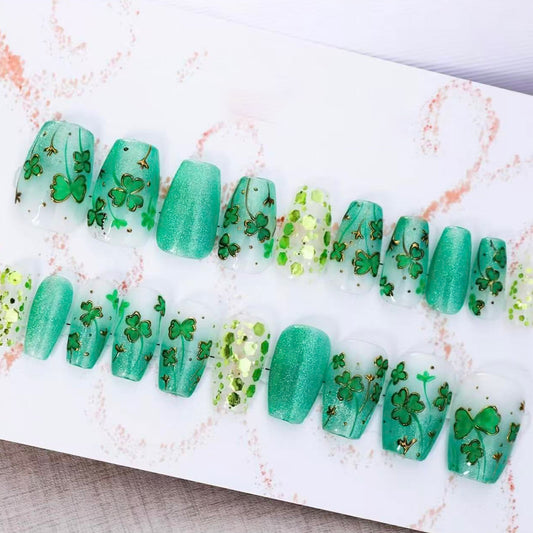Lucky Charm Green Short Square Press On Nail Set with Sparkling Shamrock Design