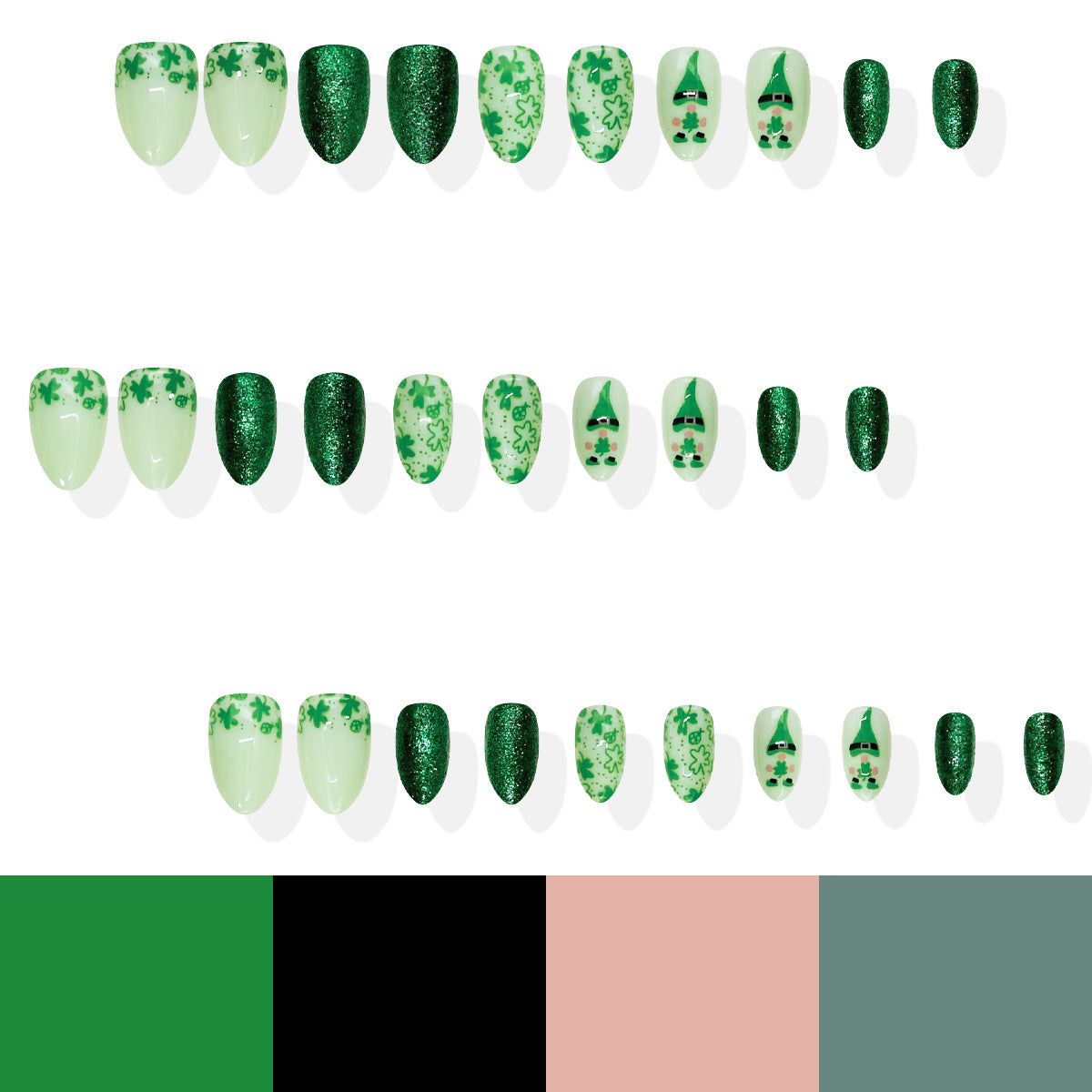 Celebrate Emerald Elegance with Short Almond Green Glitter Press On Nail Set Featuring Shamrock Designs
