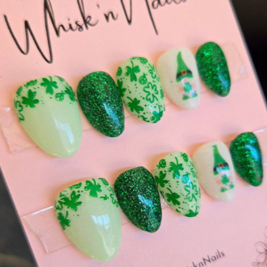 Lucky Charm Festivity Press on Nail Set in Short Almond Shape Green and Mint with Glittering Shamrock Design