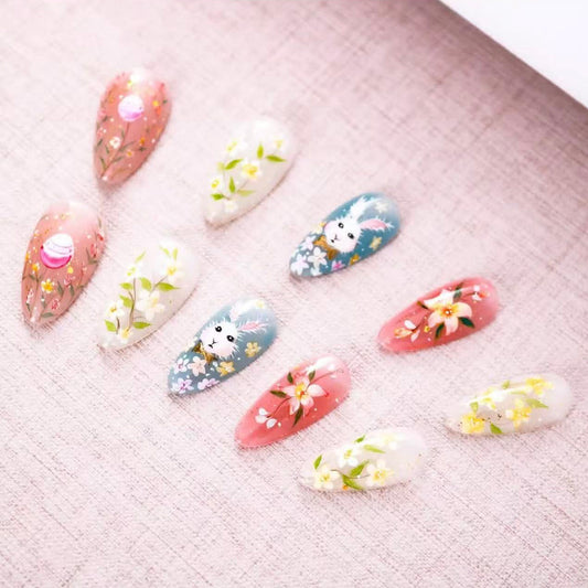 Whimsical Garden Dreamy Short Almond Pink Blue Clear with Floral and Bunny Art Press On Nail Set