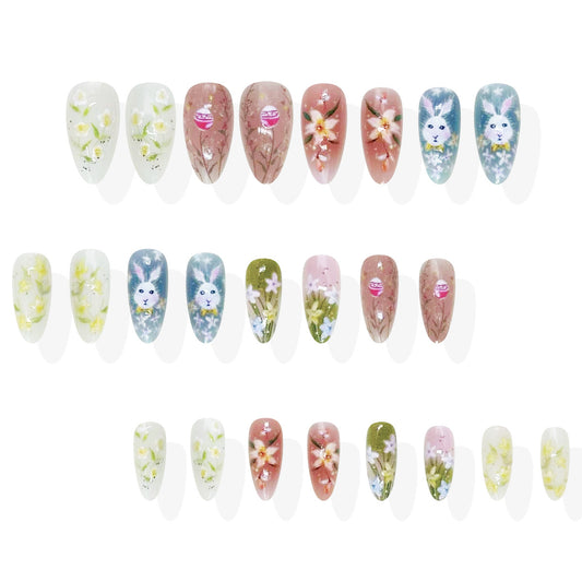 Whimsical Garden Inspired Short Almond Shaped Pastel Nail Set with Charming Floral and Bunny Designs