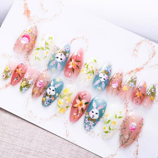 Whimsical Spring Collection Short Almond Shaped Pastel Floral Press on Nail Set with Cute Bunny Designs
