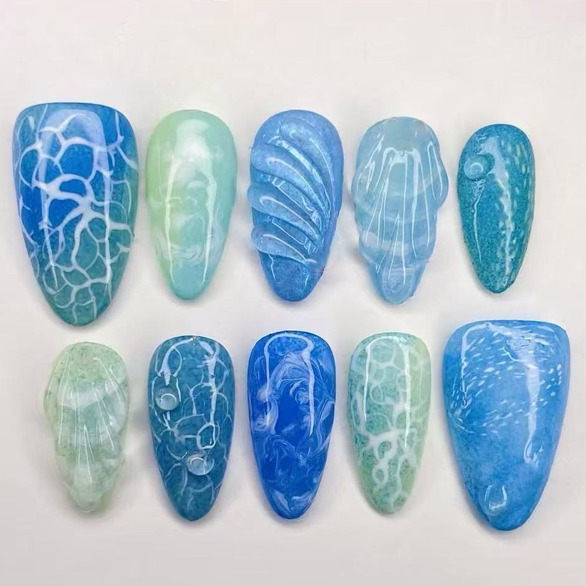 Ocean Breeze Medium Almond Blue Marble Effect Press On Nail Set
