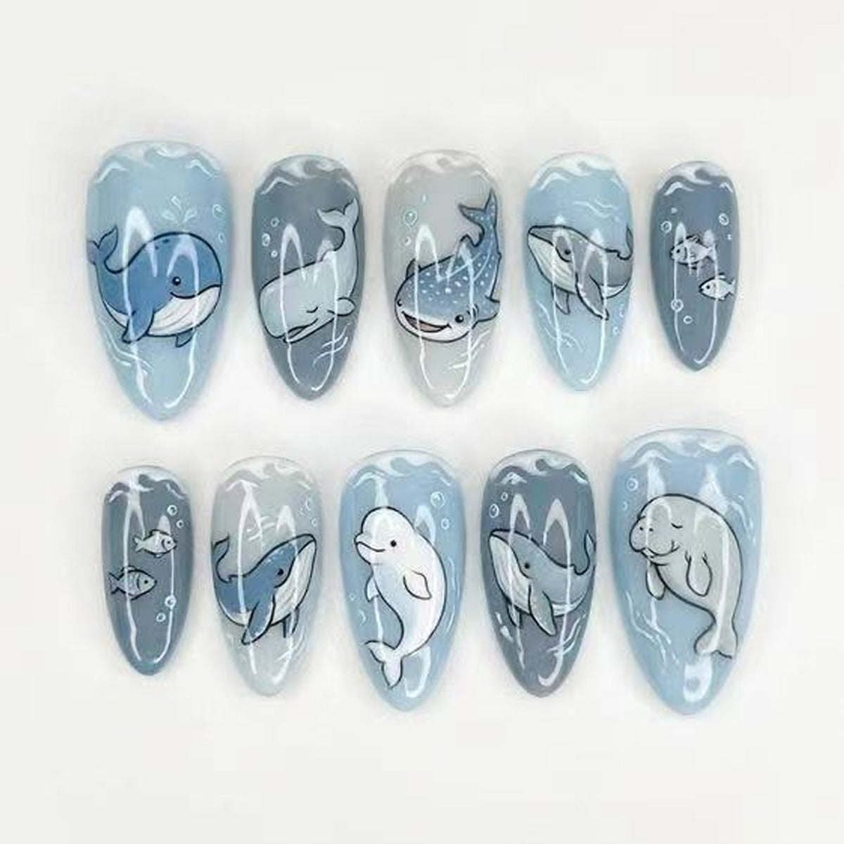 Ocean Adventure Medium Almond Blue with Charming Marine Life Designs Press on Nail Set