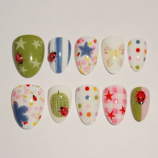 Whimsical Garden Short Almond Green with Ladybug Accents Press-On Nail Set