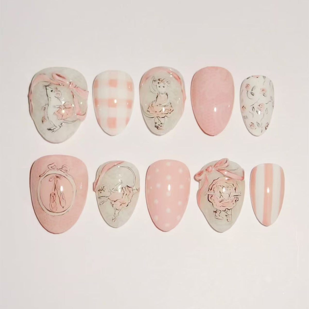 Whimsical Pink Short Almond Press On Nail Set with Charming Illustrations