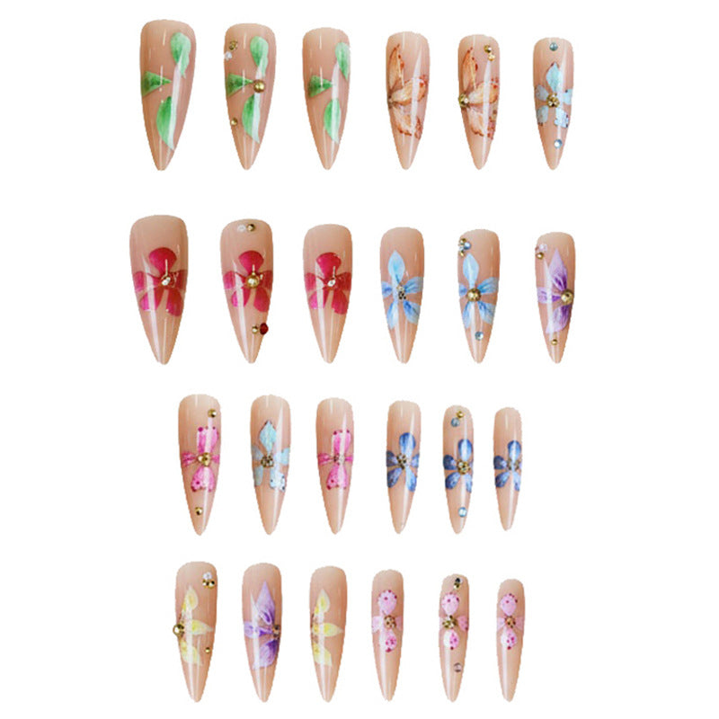 Floral Fantasy Long Stiletto Press On Nails in Beige with Colorful Flower Accents and Gemstone Embellishments