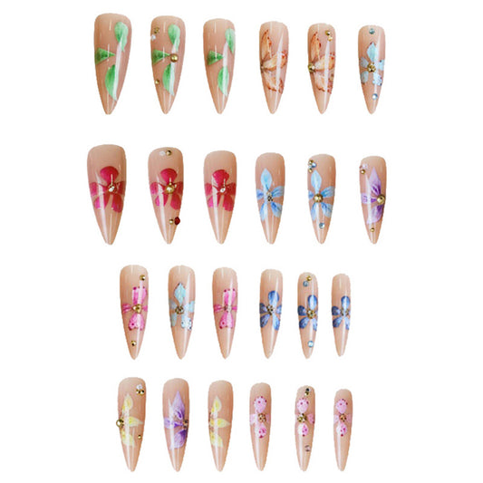 Floral Fantasy Long Stiletto Press On Nails in Beige with Colorful Flower Accents and Gemstone Embellishments