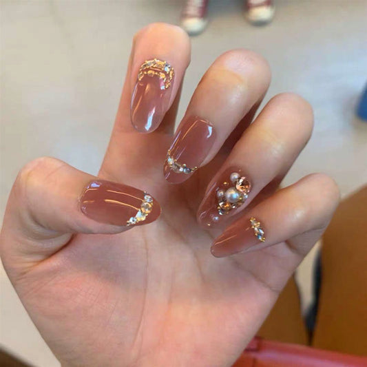 Elegant Affair Medium Almond Beige Press On Nails with Rhinestone Accents