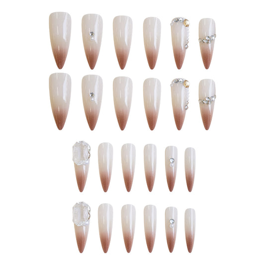 Glamorous Elegance Long Stiletto Ombre Beige with Gemstone Accents Press-on Nail Set