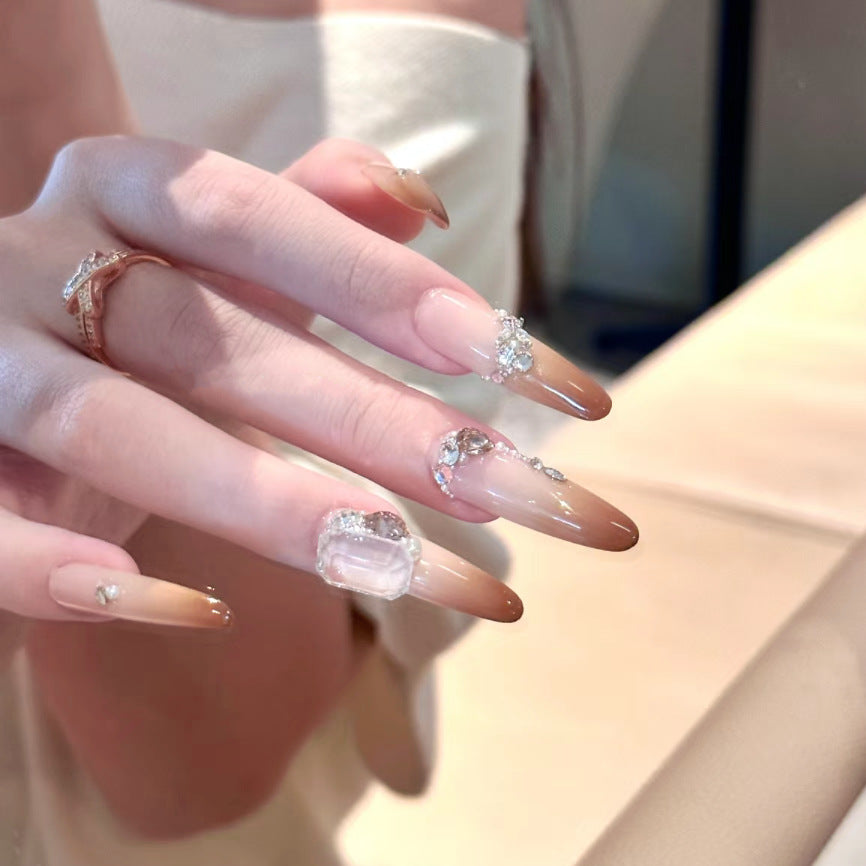 Glamorous Sunset Long Oval Almond Ombre Press On Nail Set with Elegant Gemstone Accents