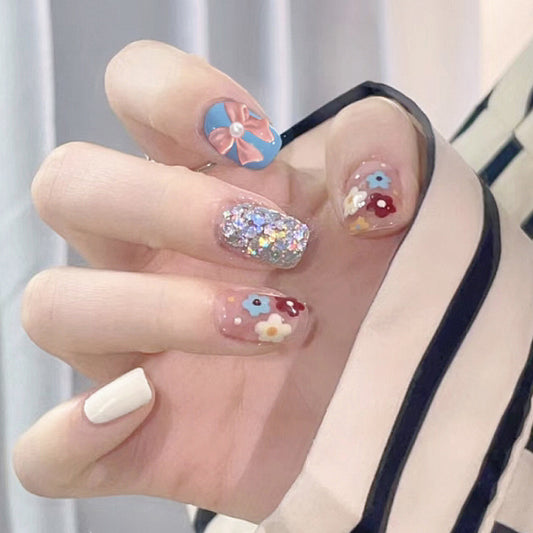 Enchanted Garden Short-Length Square Press On Nail Set, Multicolor with Floral Accents and Sparkle Detail
