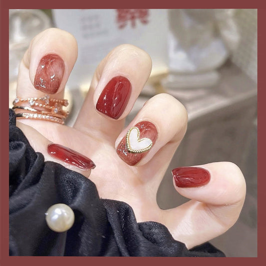 Vintage Elegance Medium Square Burgundy Press On Nail Set with Rhinestone Heart Accents